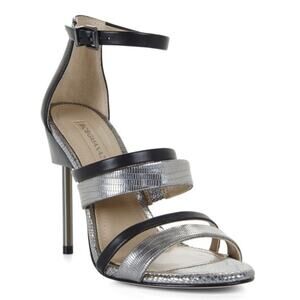 BCBGMaxazria Heels Womens 6.5 Black Silver Deanna Open Toe Stilettos